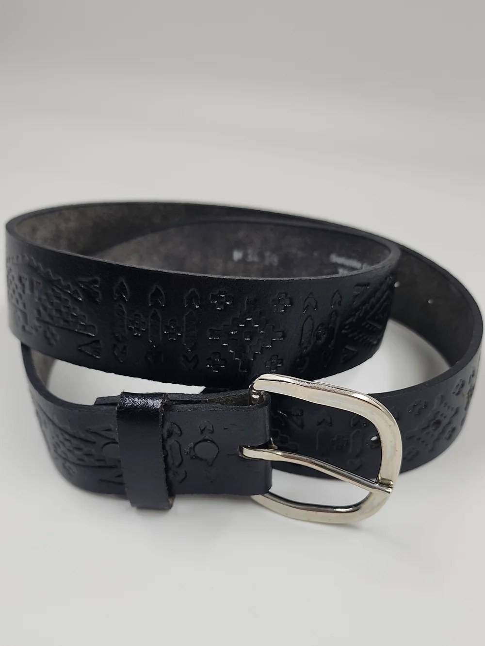 Black Embossed Leather Men's Belt with Silver Buckle